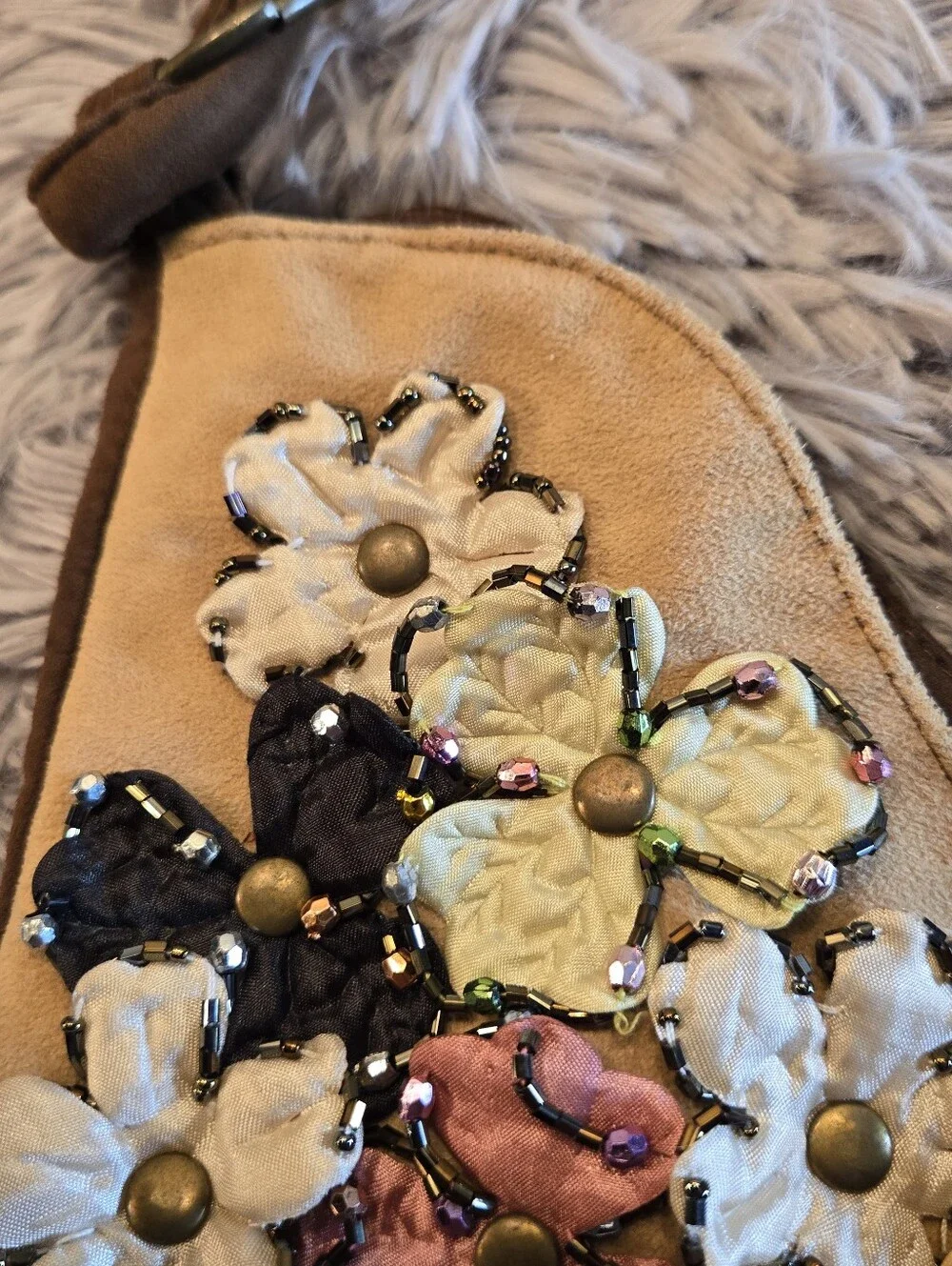 Suede Type Brown Boho bag with Floral Embellishments
